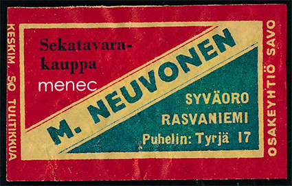 Kauppiasetiketti, M. Neuvonen, Syväoro, Rasvaniemi, Parikkala 