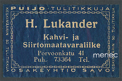 Kauppiasetiketti, H. Lukander, Helsinki 