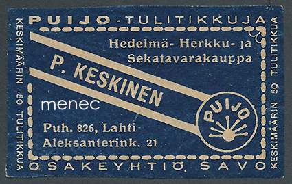 Kauppiasetiketti, P. Keskinen, Lahti 