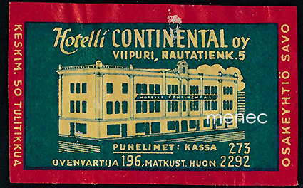 Tulitikkuetiketti, Hotelli Continental, Viipuri 