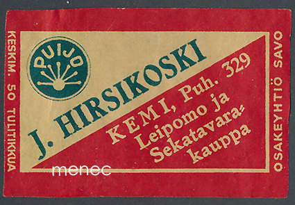 Kauppiasetiketti, J. Hirsikoski, Kemi 