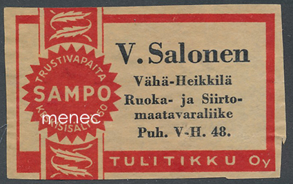 Kauppiasetiketti, V. Salonen, Vähä-Heikkilä, Turku 