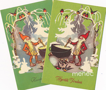 Wendelin, Martta - Tonttu ja puuropata, kahdella eri värillä, eri asennoissa 