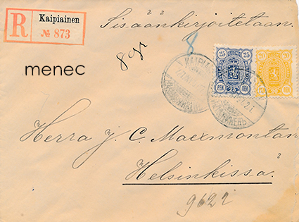 Postilähetys 1897, 25+20p, kirjattu Kaipiainen (Kouvola) 