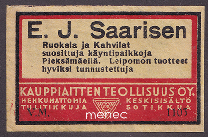 Kauppiasetiketti, E. J. Saarisen Ruokala ja Kahvilat, Pieksämäki 