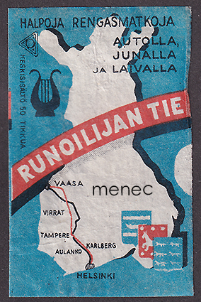 Tulitikkuetiketti, Runoilijan tie, kartta Helsinki - Vaasa 