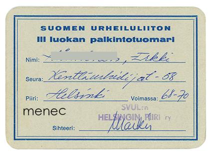 Suomen Urheiluliitto, Helsingin piiri, III luokan palkintotuomarikortti 1968-70 