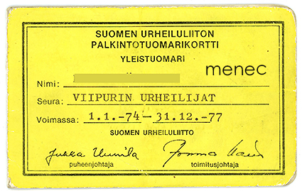 Viipurin Urheilijat, palkintotuomarikortti 1974-1977 