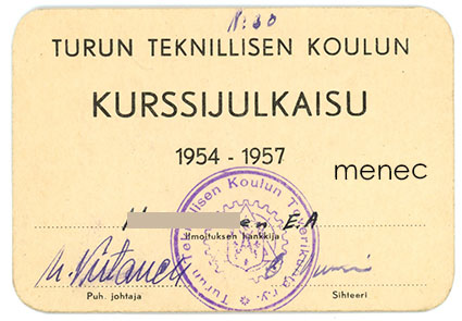 Turun Teknillisen koulun kurssijulkaisukortti 1954-1957 