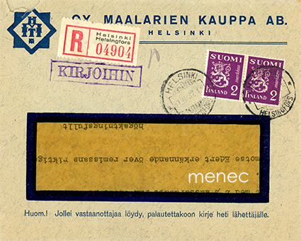Maalarien Kauppa, Helsinki, kirjattu kirje yrityskuorella 