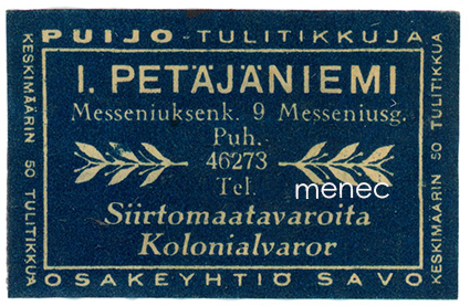 Kauppiasetiketti, I. Petäjäniemi, Helsinki 