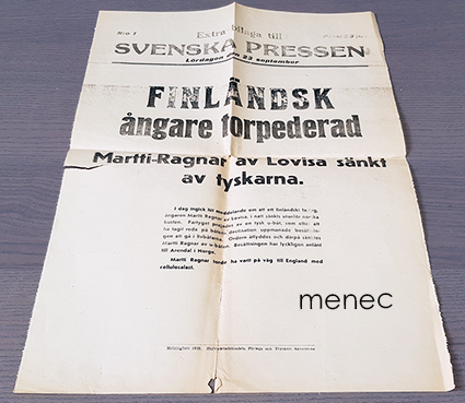 Lentolehtinen, Svenska Pressen: Finländsk ångare torpederad 