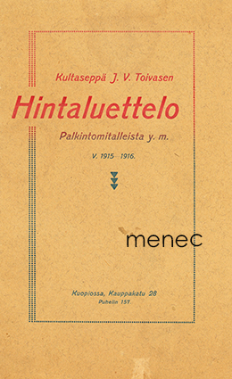 Kultaseppä J. V. Toivasen Hintaluettelo Palkintomitalleista y. m. v. 1915-1916 