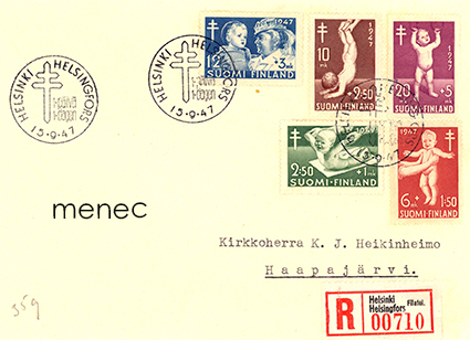 Tuberkuloosi 1947, sarja, FDC, kirjattu 