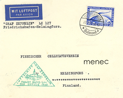 Zeppelin Fahrt rund um Ostsee 1930, kirje Suomeen 