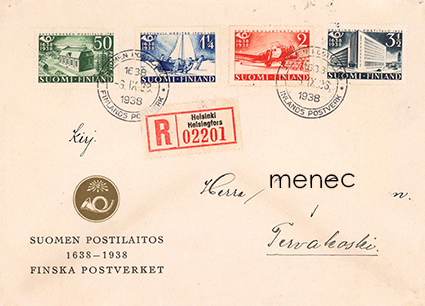 Postin 300-vuotisjuhla 1938, sarja, kirjattu, FDC 
