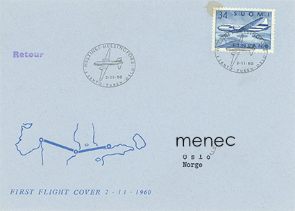 Yleismerkki Convair 34mk 1959, ensilento Helsinki - Turen, Oslo 1960 