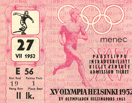 [Pääsylippu] XV Olympia Helsinki 1952. Stadion, kiekonheitto E56 (II lk.). 27.7. 