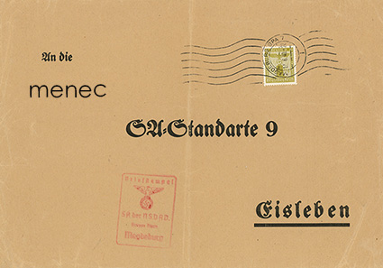 Saksa, postilähetys SA-Standarte 9, Eisleben, puolueen virkamerkillä 24Pf 