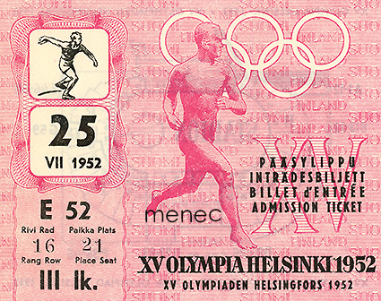 [Pääsylippu] XV Olympia Helsinki 1952. Stadion, kiekonheitto E52 (III lk.). 25.7. 