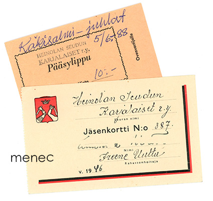Heinolan Seudun Karjalaiset, jäsenkortti 1947 ja Käkisalmi-juhlien pääsylippu 1988 