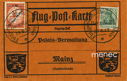 Saksa, pioneerilentopostia Keltainen koira -koneella Rhein u. am Main 19.6.1912, lentomerkillä IV 
