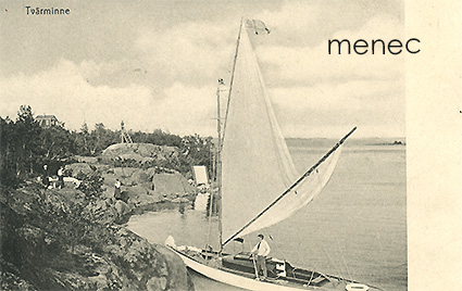 Hanko, Tvärminne, purjevene lippuineen, seurue rannalla 