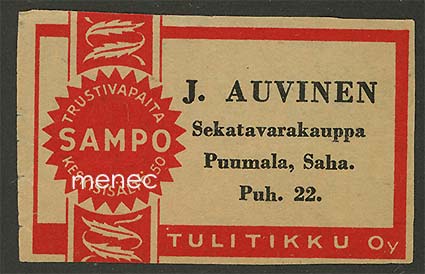 Kauppiasetiketti, J. Auvinen, Puumala, Saha 