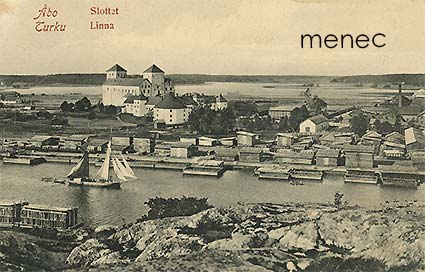 Turku, linnaa ja rantaa; varastoja ja purjealus 