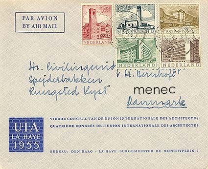 Alankomaat, arkkitehtuurisarja 1955, lentoposti kv. arkkitehtikonferenssista Tanskaan 