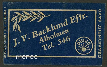 Kauppiasetiketti, J. V. Backlund Eftr., Alholmen, Pietarsaari 