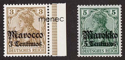 Saksa, Marokko, käyttösarjoja 1906 ja 1911, 3 ja 5 Pf, postituoreet 