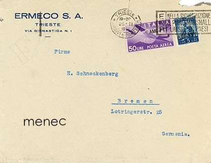 Italia, Trieste, liittoutuneiden miehitys, postilähetys Saksaan 1950, 50+5 L, erikoisleima 