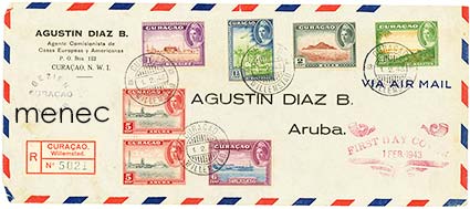 Alankomaat, kirje Curacaosta Arubaan 1943, Vapaus-sarjan FDC, sotasensuurin leima 