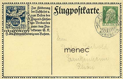 Saksa, Baijeri, Nürnberg-merkki lentopostissa 1912, ehiökortti 