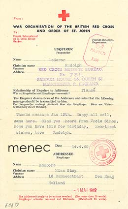 Punaisen Ristin sotaorganisaation välittämä viesti omaisille 1942; sensuurileima 
