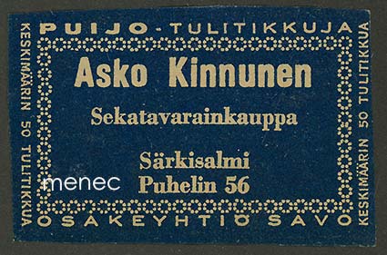 Kauppiasetiketti, Asko Kinnunen, Särkisalmi, Parikkala 