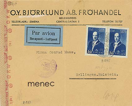 Ryti 1941, 3,50 pari, ilmaposti Saksaan 1942 