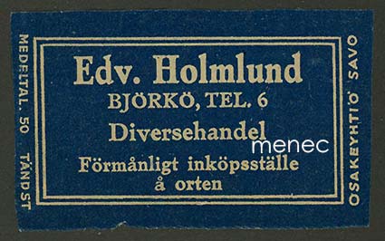 Kauppiasetiketti, Edv. Holmlund, Björkö, Korppoo 