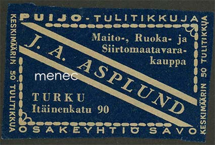 Kauppiasetiketti, J. A. Asplund, Turku 