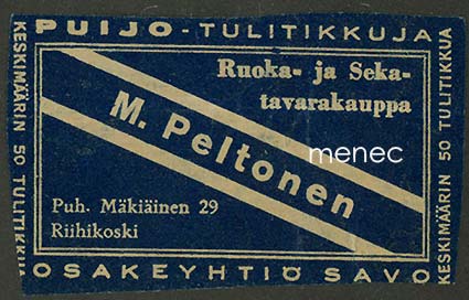Kauppiasetiketti, M. Peltonen, Riihikoski, Pöytyä 