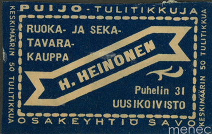 Kauppiasetiketti, Ruoka- ja sekatavarakauppa H. Heinonen, Uusikoivisto, Pori 