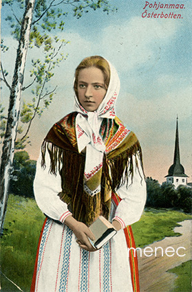 Pohjanmaa, tyttö kansallispuvussa, kirkko 
