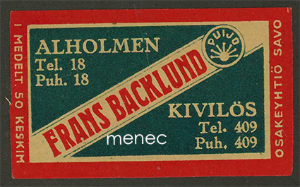 Kauppiasetiketti, Frans Backlund, Alholmen, Kivilös [Pietarsaari] 