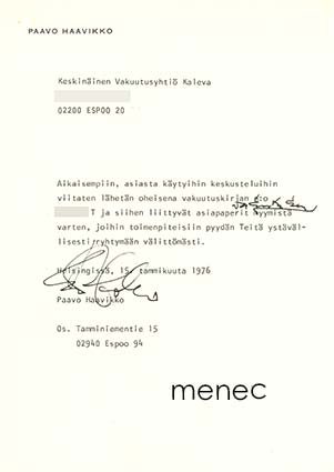 Haavikko, Paavo - Kirje 1976 