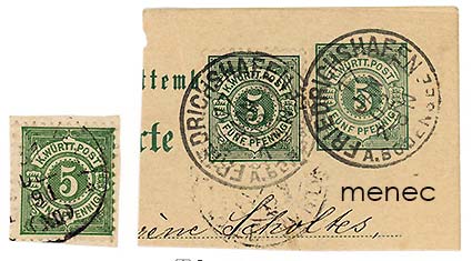 Saksa, Württemberg, käyttömerkki 5 Pf 1890, kaksi sävyä ja ehiöleike 