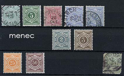 Saksa, Württemberg, käyttömerkkejä 1875-1890, 10 kpl 