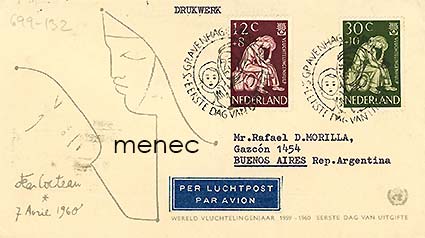 Alankomaat, pakolaisvuosi 1960, FDC Cocteau-kuorella lentopostissa Buenos Airesiin 
