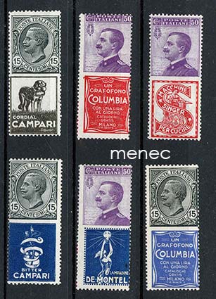 Italia, mainoslisällä varustettuja merkkejä 1924-1925, 6 kpl 