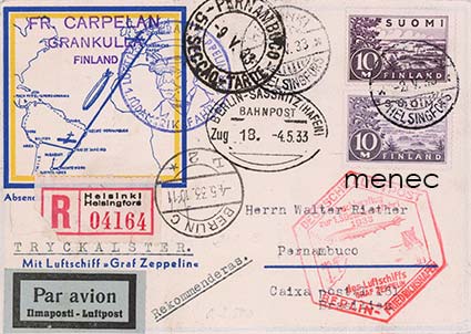 Zeppelin-postia Kauniainen-Pernambuco 1933, LZ 127 Graf Zeppelin 